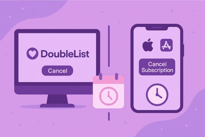 Flat vector infographic of a computer and smartphone with cancel buttons, Apple App Store and Google Play logos, and a clock symbolizing canceling a DoubleList subscription before renewal