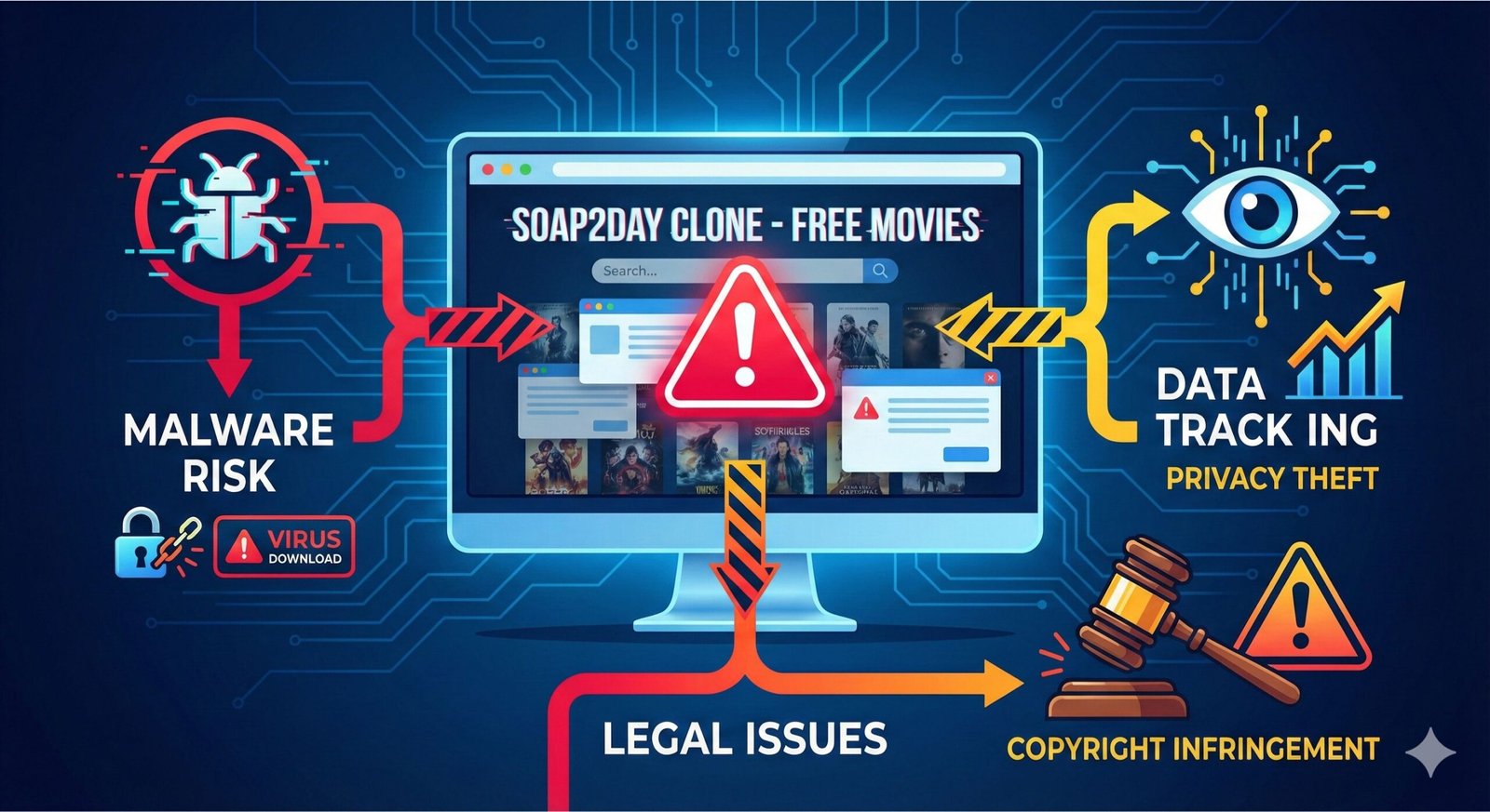 Graphic explaining the risks of using Soap2day websites in 2025, including exposure to viruses, phishing attacks, illegal streaming, and privacy breaches, emphasizing safe, legal alternatives for online HD movie and TV show viewing.